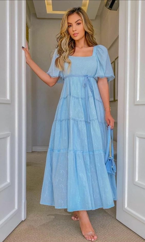 blue tiered maxi dress is perfect for an elegant tea party